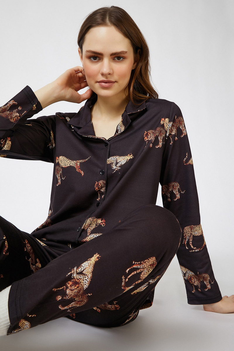 55335 Leopar Baskılı Pijama Takımı - Siyah - BİGDART