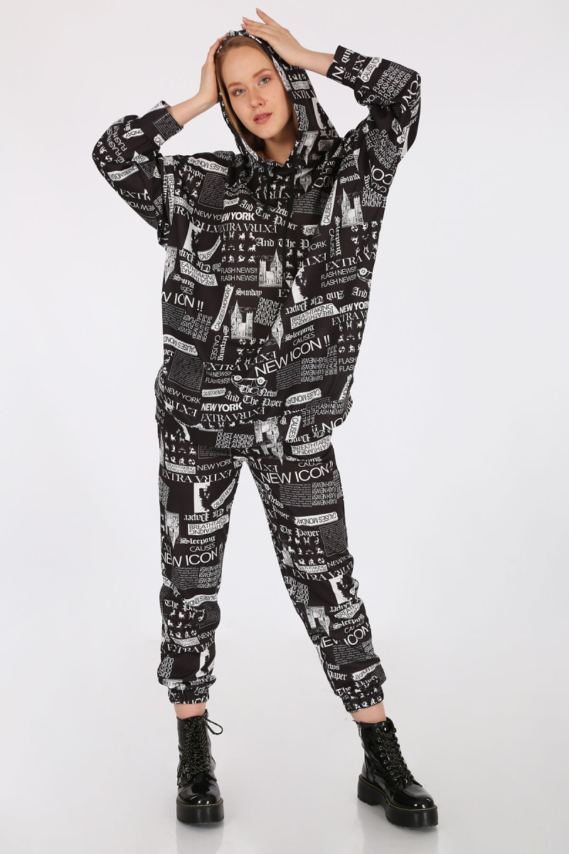 55356 Gazete Baskılı Tesettür Eşofman Takımı - Siyah - BİGDART