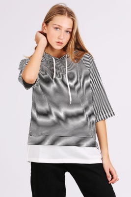 55360 Çizgili Kapüşonlu Sweatshirt - Siyah - BİGDART
