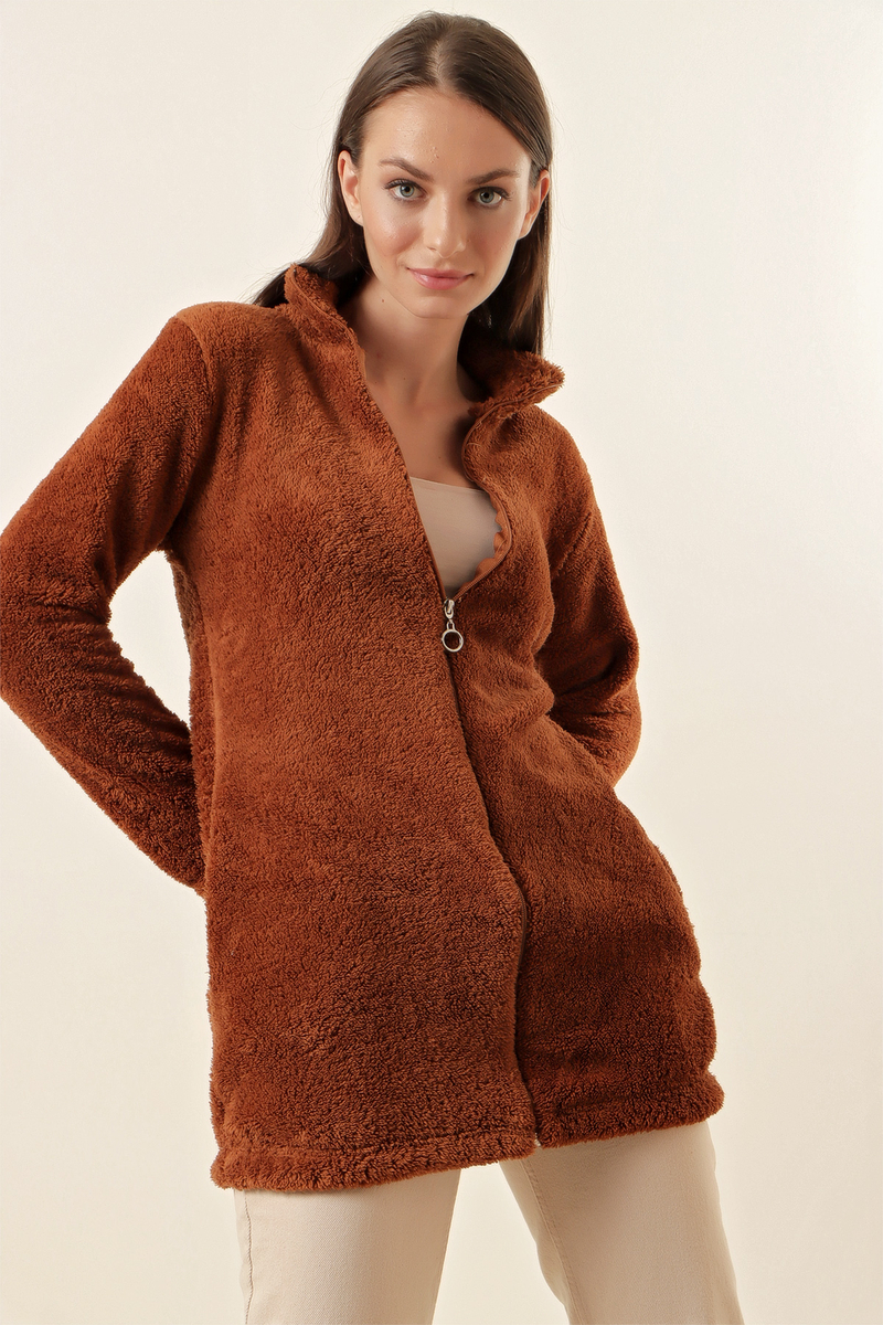 55387 Peluş Sweatshirt - Kahverengi - BİGDART
