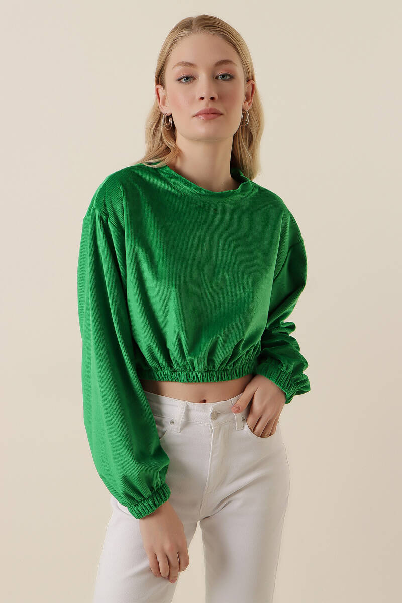 55392 Kadife Crop Bluz - Yeşil - BİGDART