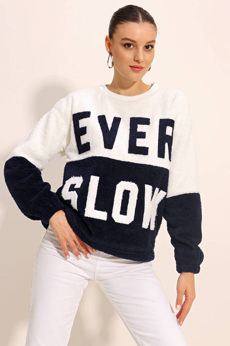 55438 Blok Renkli Peluş Sweatshirt - Lacivert - BİGDART