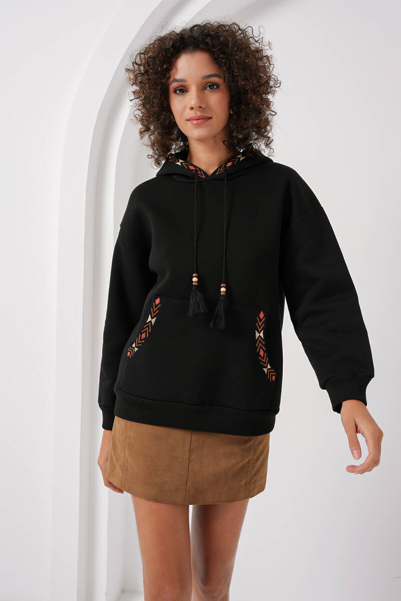 55443 Nakışlı Oversize Sweatshirt - Siyah - BİGDART