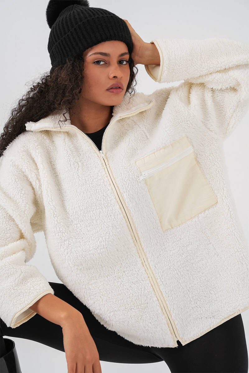 55446 Fermuarlı Oversize Peluş Mont - Bej - BİGDART