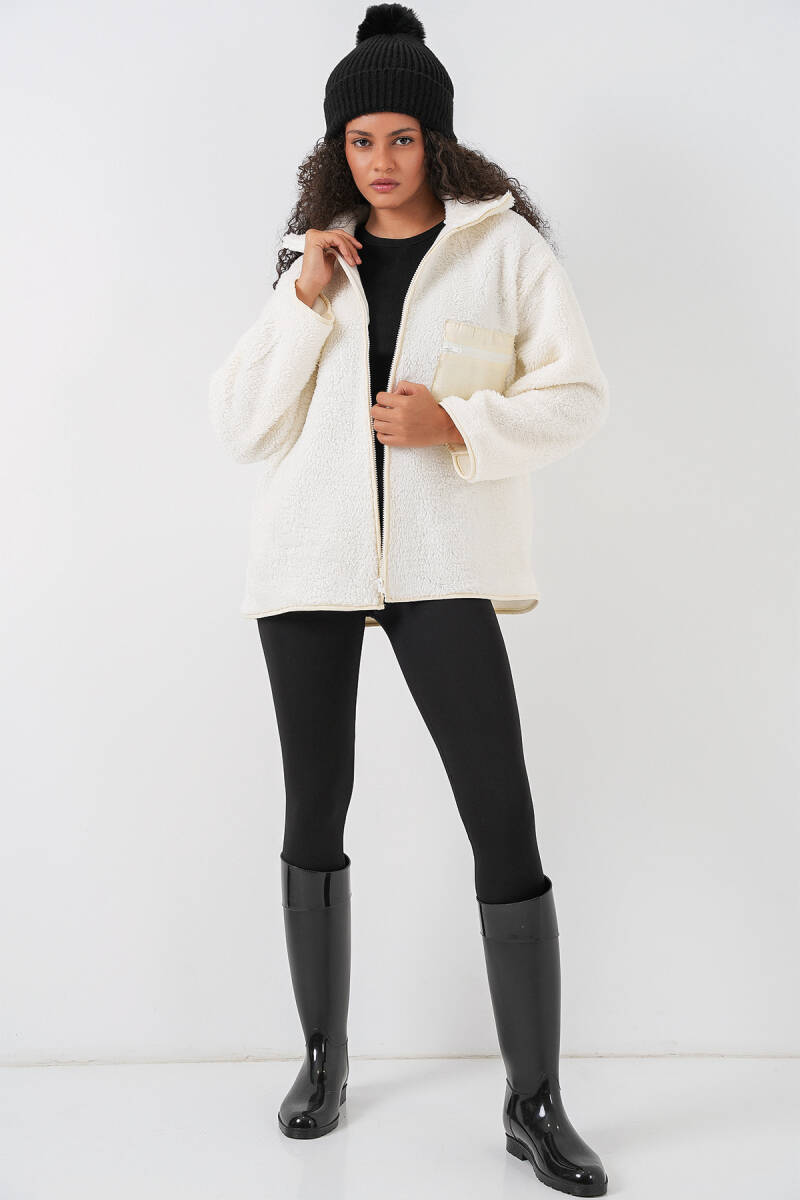 55446 Fermuarlı Oversize Peluş Mont - Bej (1)