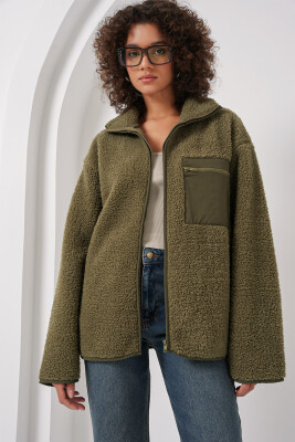 55446 Fermuarlı Oversize Peluş Ceket - Haki - BİGDART