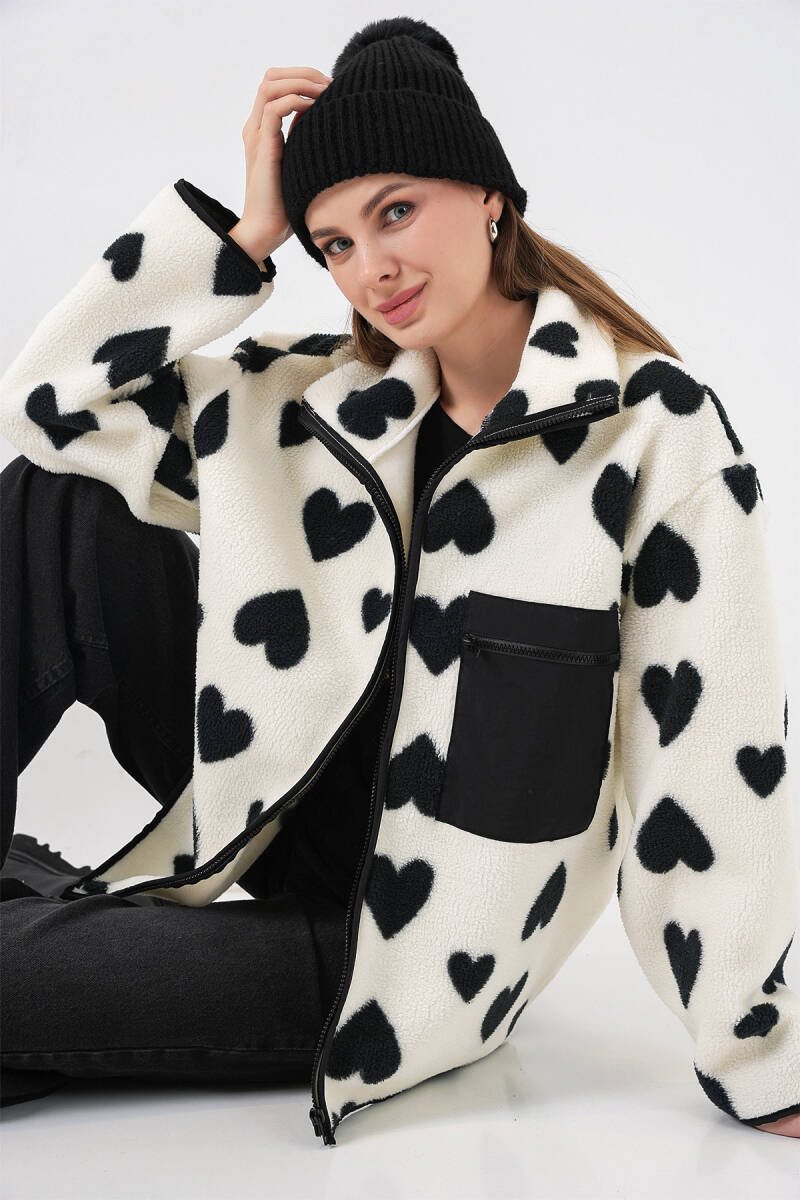 55446 Fermuarlı Oversize Peluş Ceket Mont - A.Beyaz - BİGDART