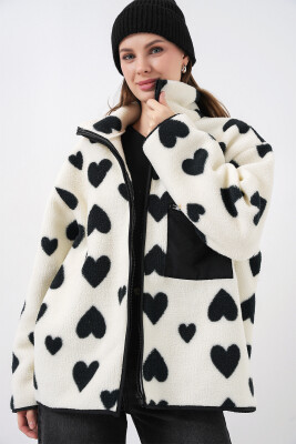 55446 Fermuarlı Oversize Peluş Ceket Mont - A.Beyaz - 3