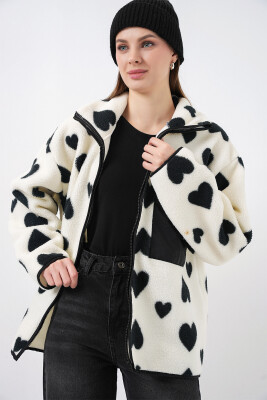 55446 Fermuarlı Oversize Peluş Ceket Mont - A.Beyaz - 5