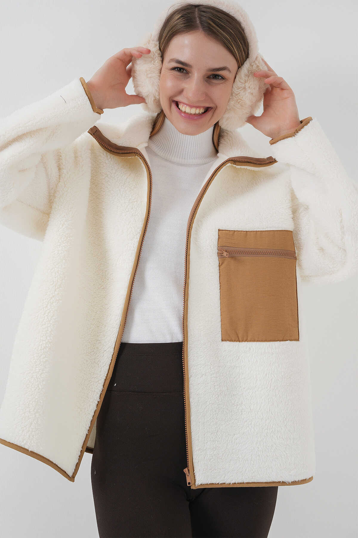 55446 Fermuarlı Oversize Peluş Ceket Mont - Camel - 1