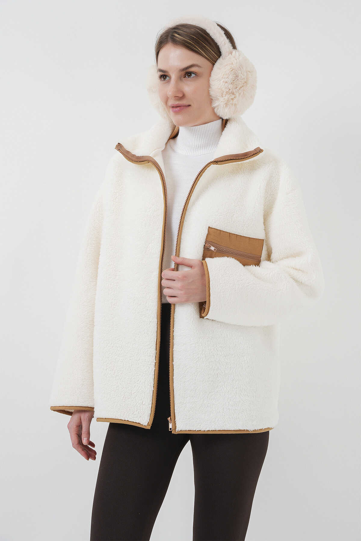 55446 Fermuarlı Oversize Peluş Ceket Mont - Camel - 2