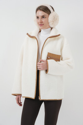 55446 Fermuarlı Oversize Peluş Ceket Mont - Camel - 2
