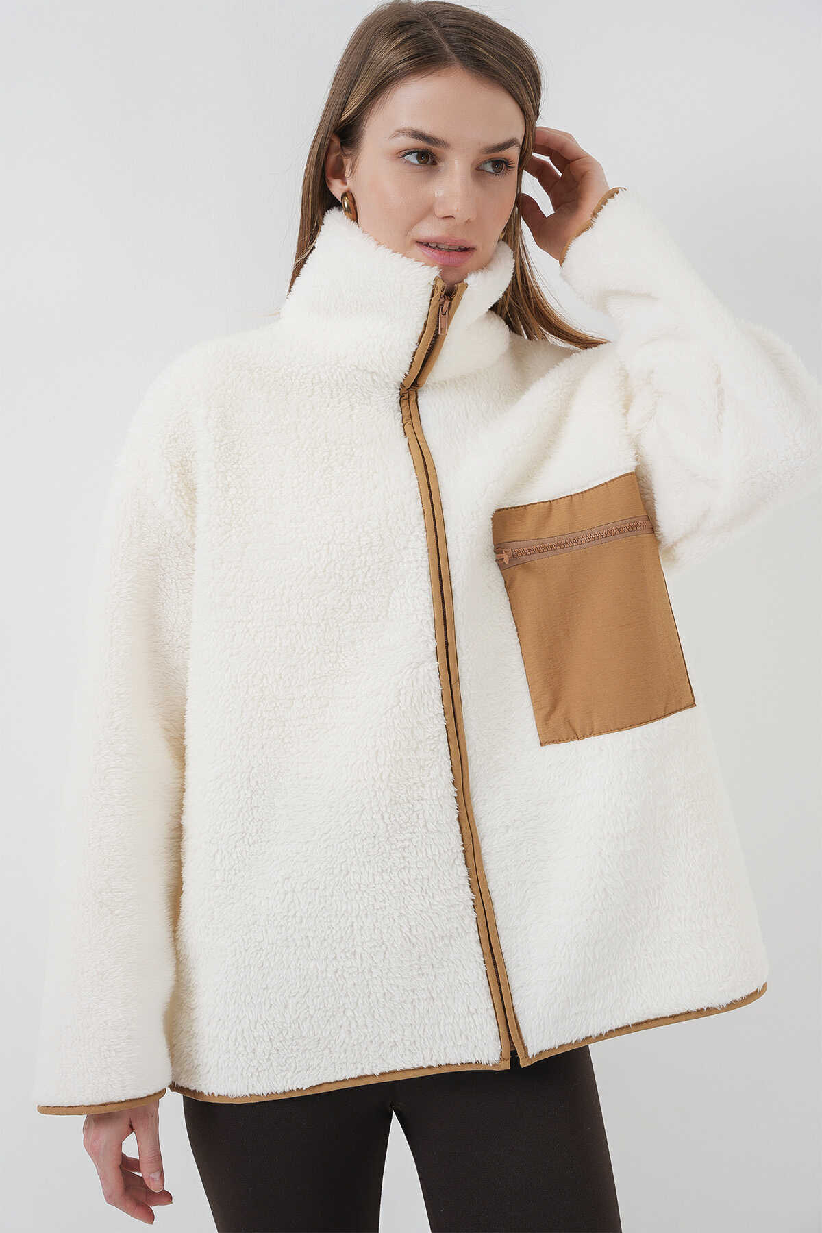 55446 Fermuarlı Oversize Peluş Ceket Mont - Camel - 3