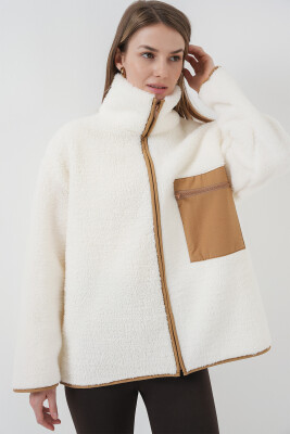 55446 Fermuarlı Oversize Peluş Ceket Mont - Camel - 3