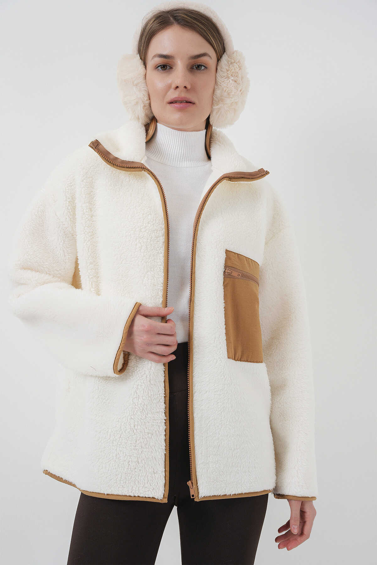 55446 Fermuarlı Oversize Peluş Ceket Mont - Camel - 4
