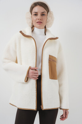 55446 Fermuarlı Oversize Peluş Ceket Mont - Camel - 4