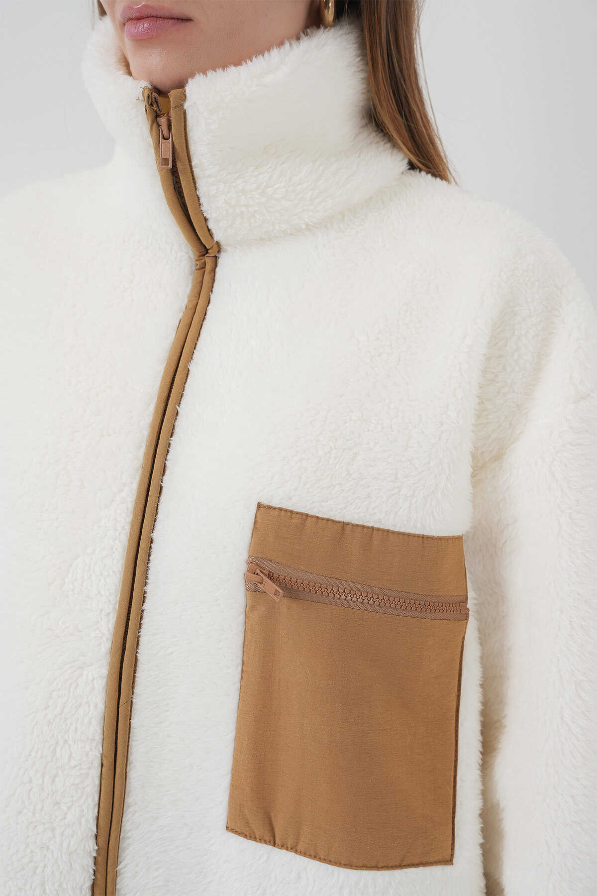 55446 Fermuarlı Oversize Peluş Ceket Mont - Camel - 5