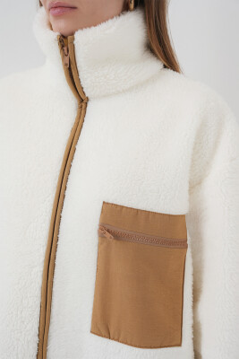 55446 Fermuarlı Oversize Peluş Ceket Mont - Camel - 5