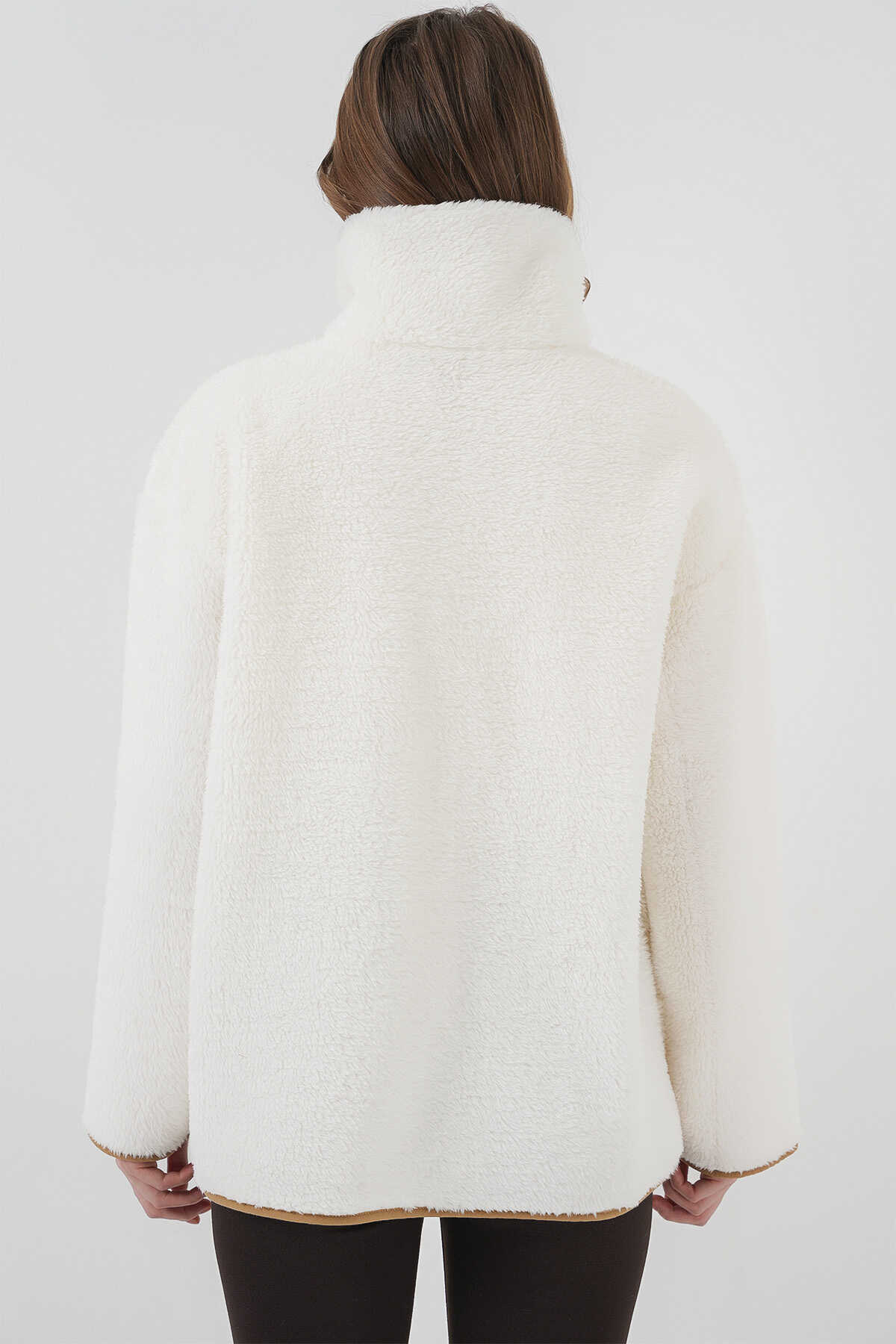 55446 Fermuarlı Oversize Peluş Ceket Mont - Camel - 6