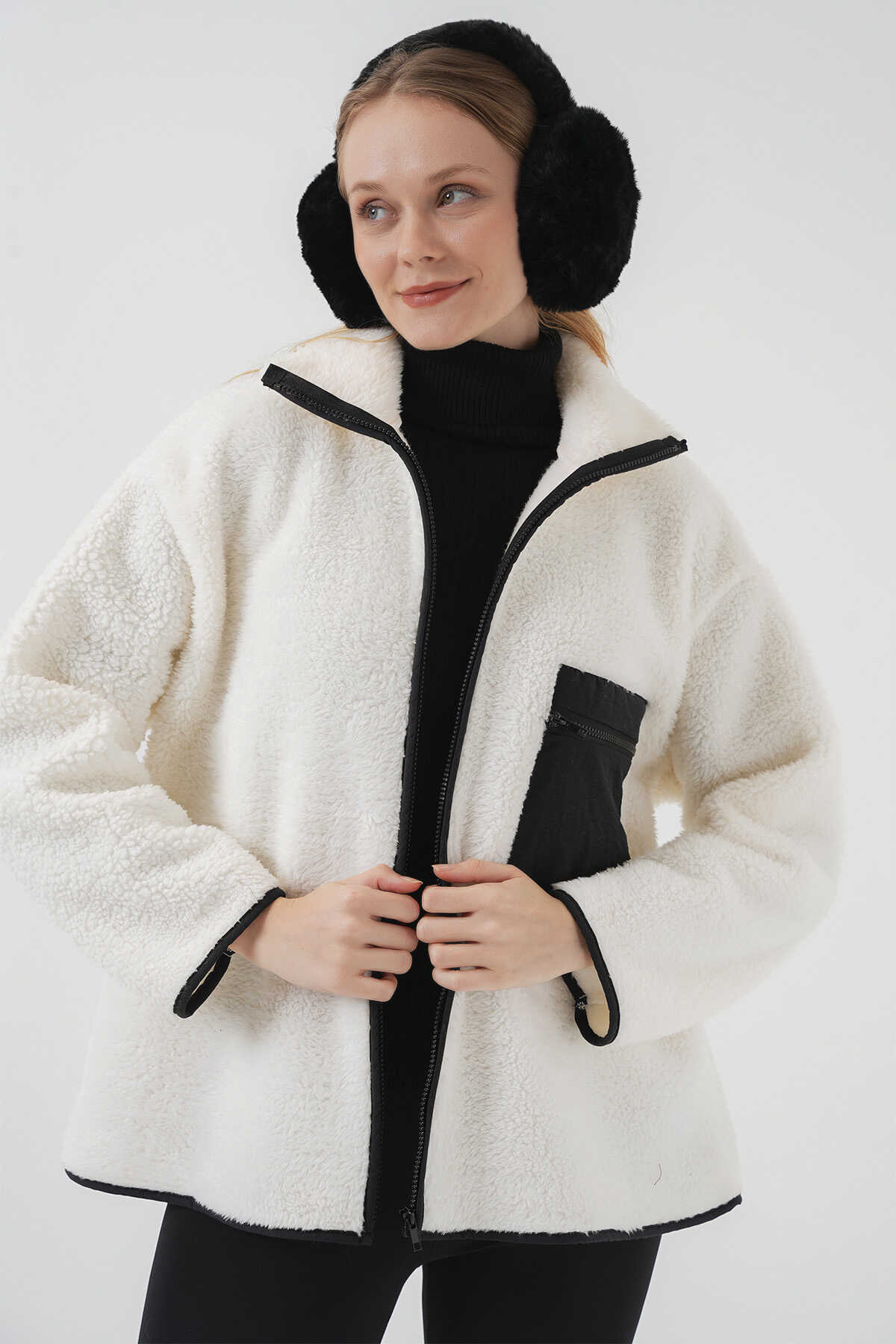 55446 Fermuarlı Oversize Peluş Ceket Mont - D. Siyah - 1