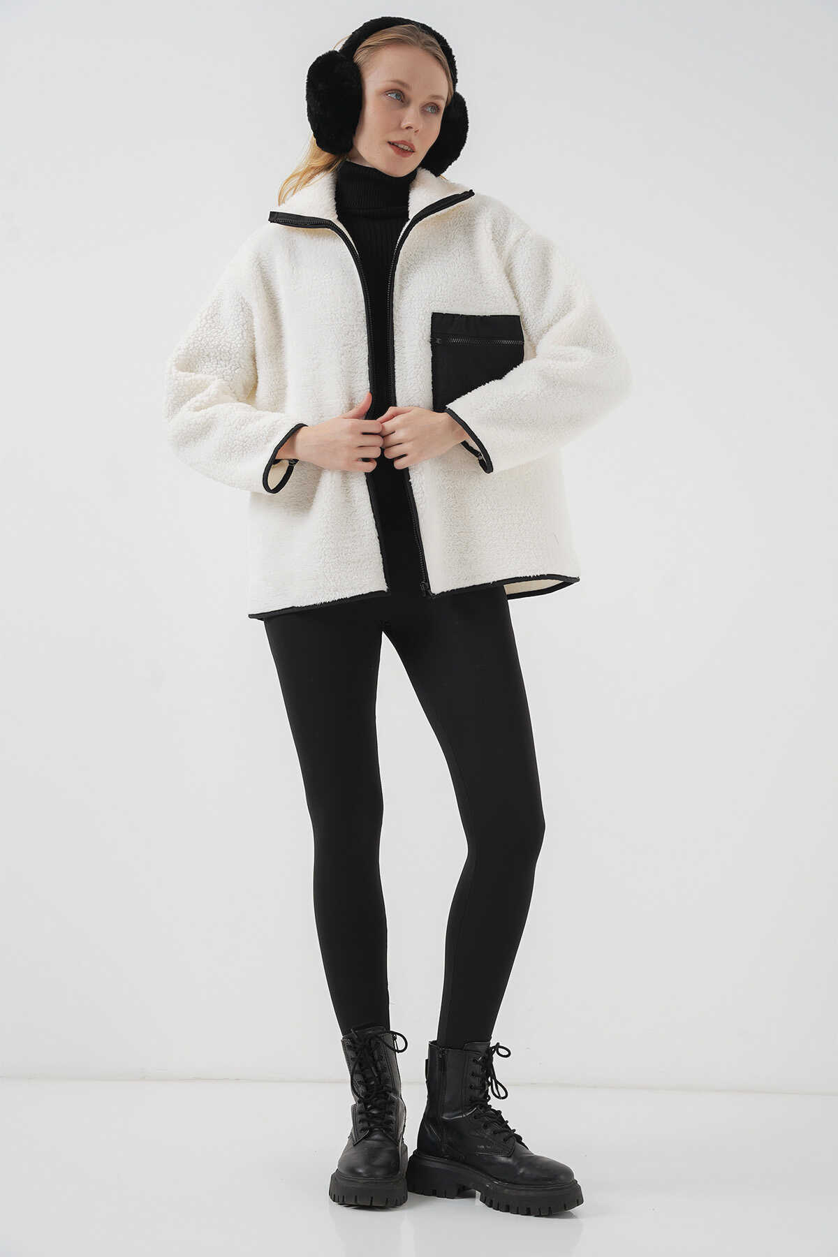 55446 Fermuarlı Oversize Peluş Ceket Mont - D. Siyah - 2