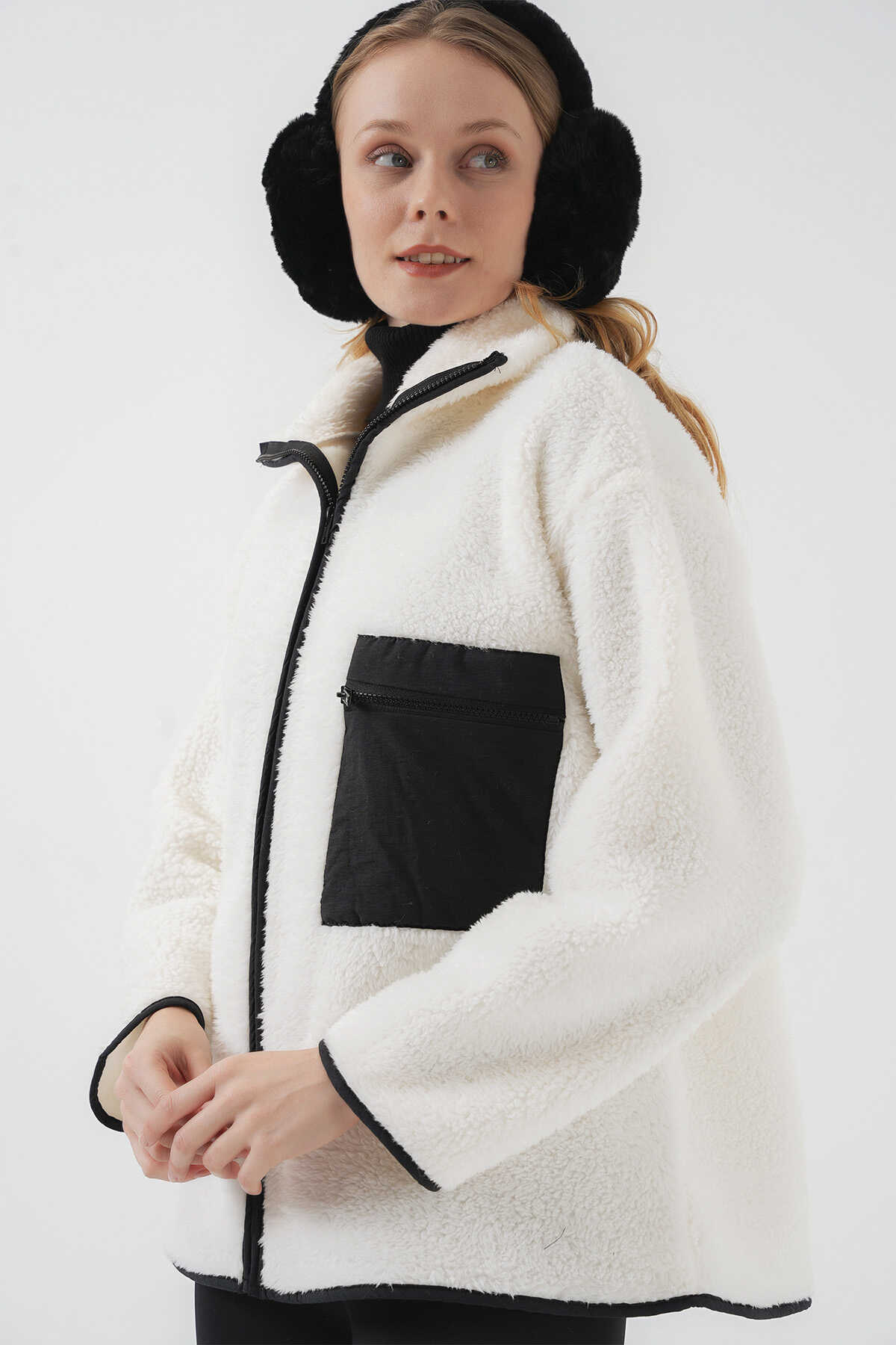 55446 Fermuarlı Oversize Peluş Ceket Mont - D. Siyah - 3