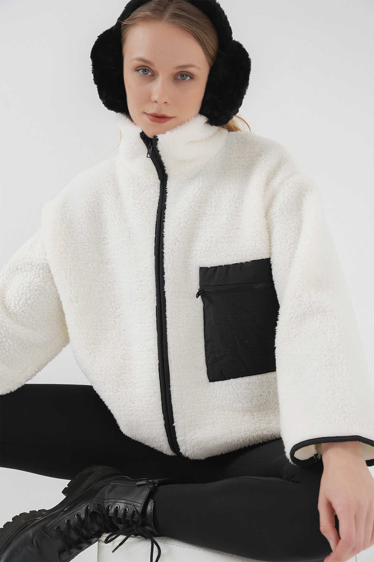 55446 Fermuarlı Oversize Peluş Ceket Mont - D. Siyah - 4