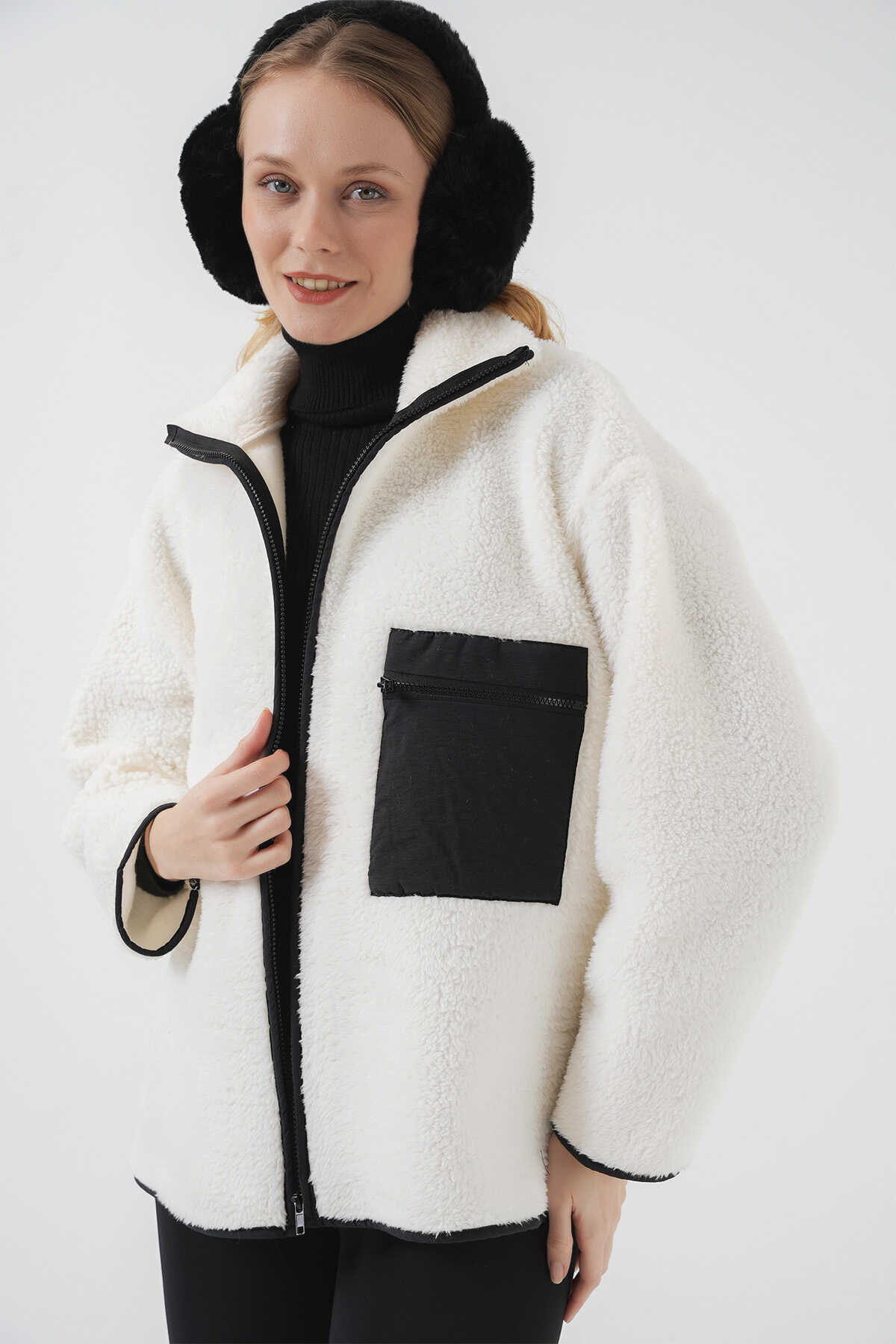 55446 Fermuarlı Oversize Peluş Ceket Mont - D. Siyah - 5