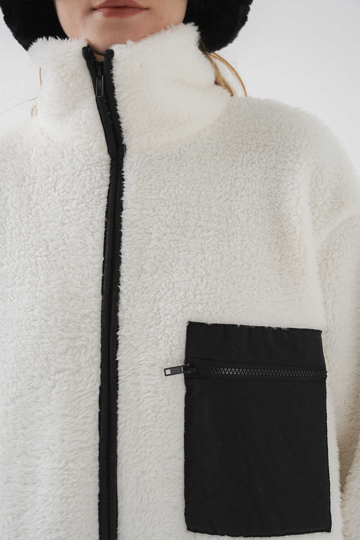 55446 Fermuarlı Oversize Peluş Ceket Mont - D. Siyah - 6