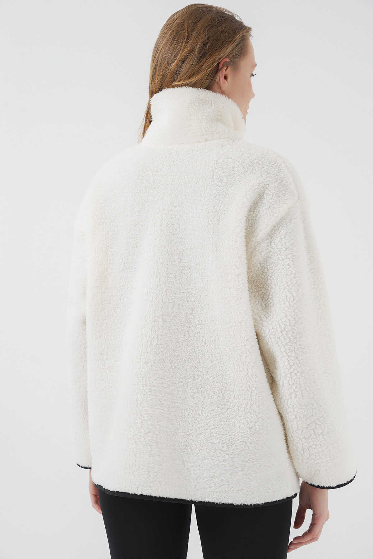 55446 Fermuarlı Oversize Peluş Ceket Mont - D. Siyah - 7