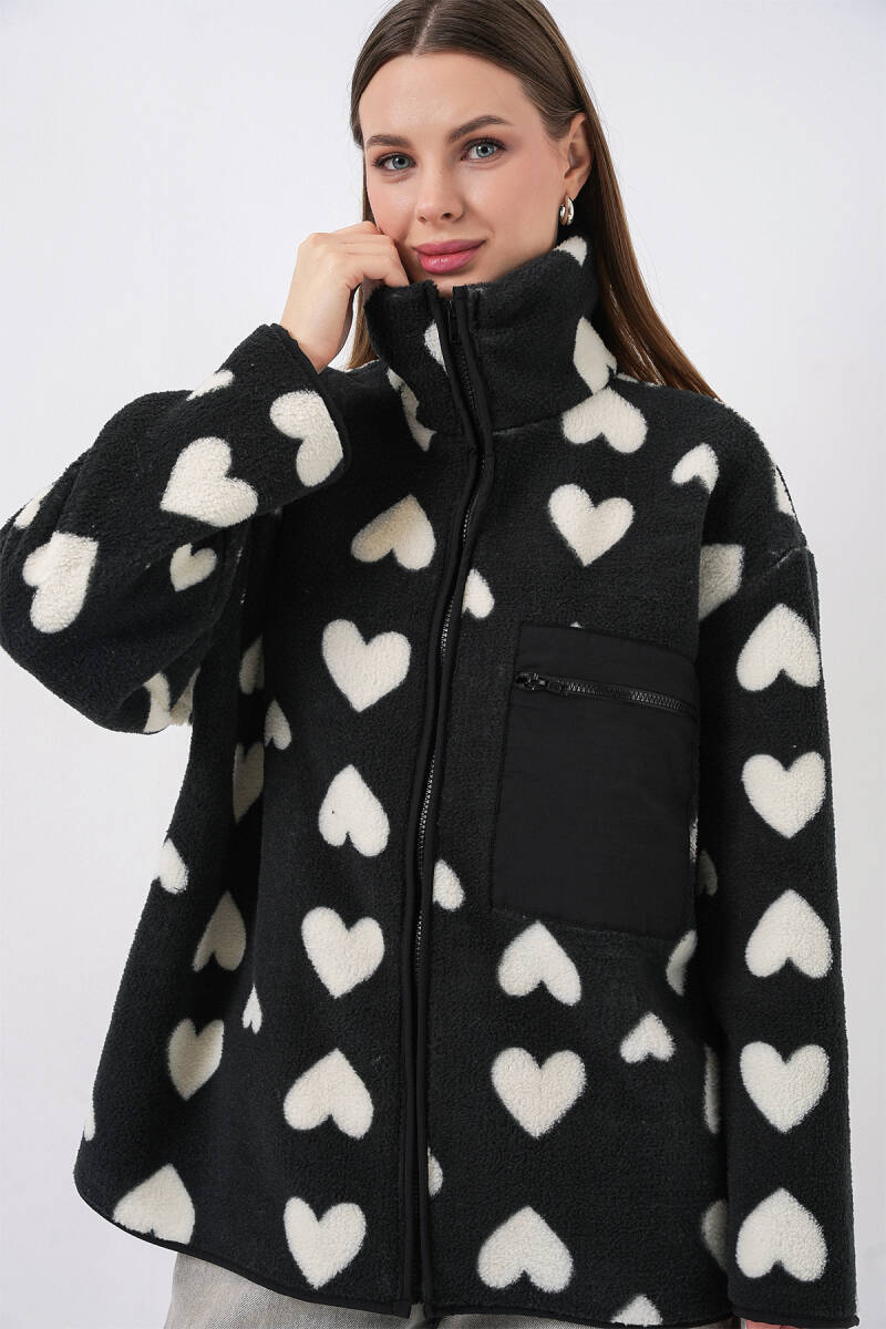55446 Fermuarlı Oversize Peluş Ceket Mont - K. Siyah - BİGDART