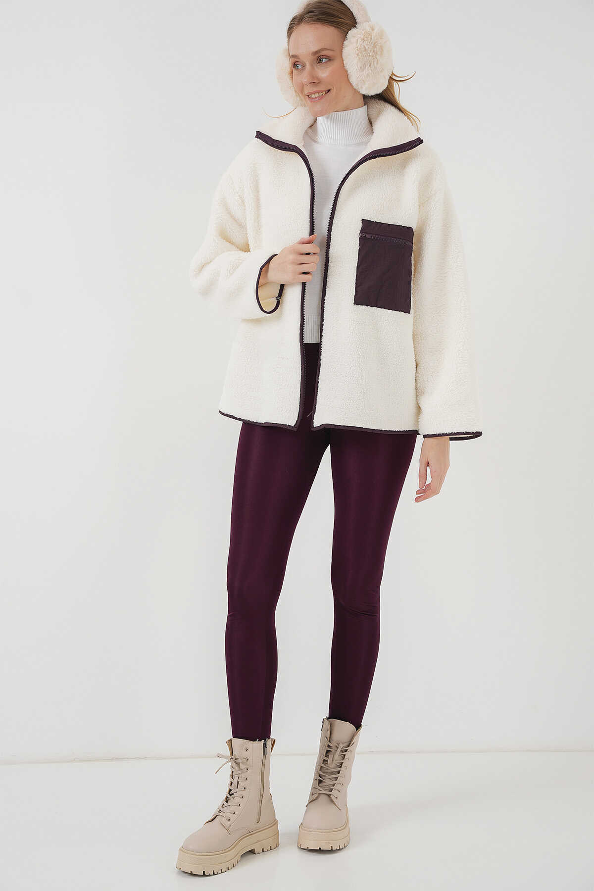 55446 Fermuarlı Oversize Peluş Ceket Mont - Mor - 2