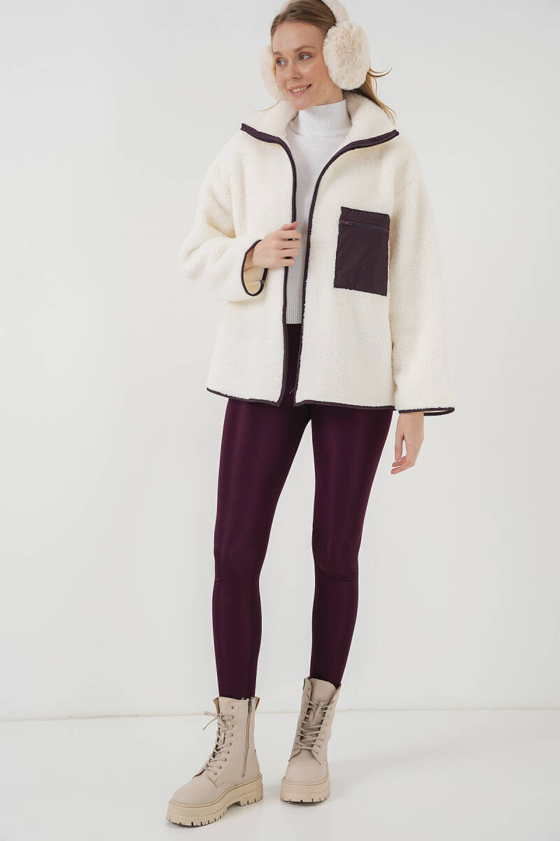 55446 Fermuarlı Oversize Peluş Ceket Mont - Mor (1)