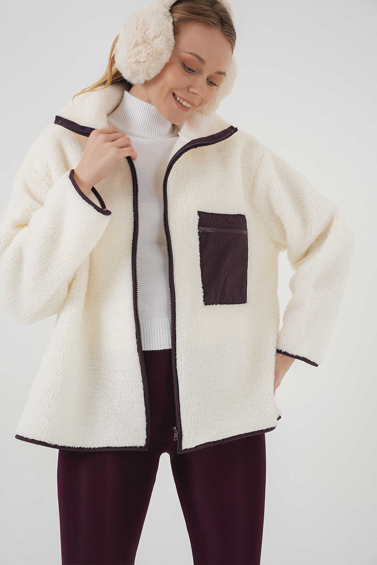 55446 Fermuarlı Oversize Peluş Ceket Mont - Mor - 4