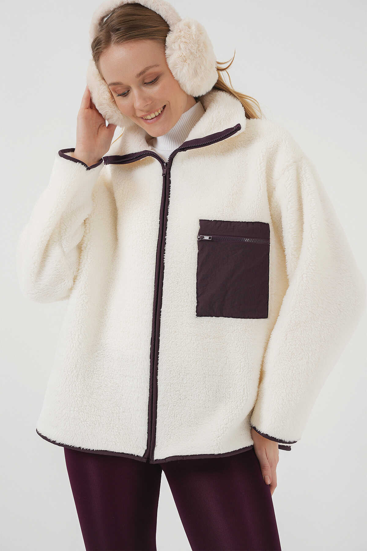 55446 Fermuarlı Oversize Peluş Ceket Mont - Mor - 5
