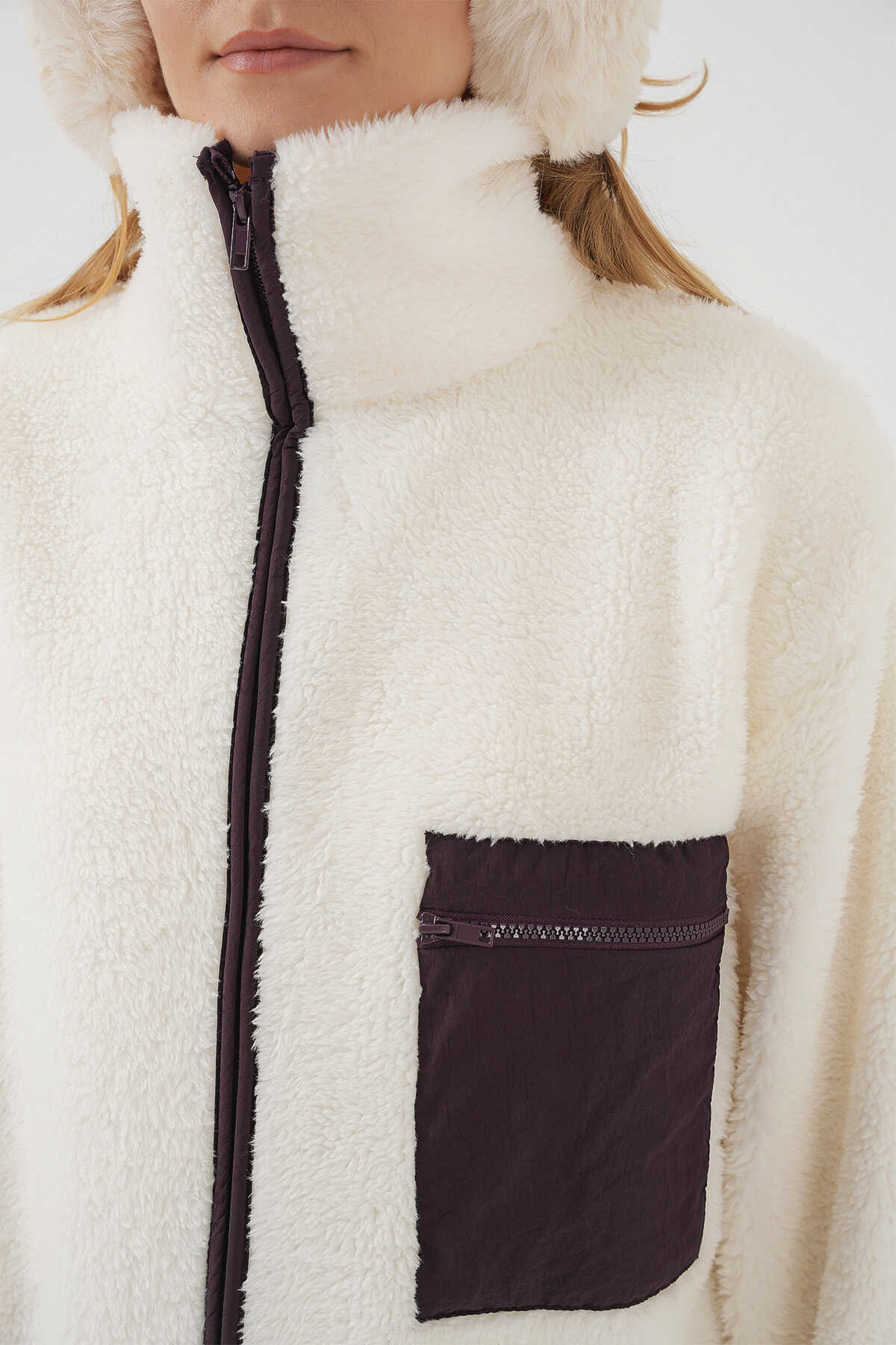 55446 Fermuarlı Oversize Peluş Ceket Mont - Mor - 6