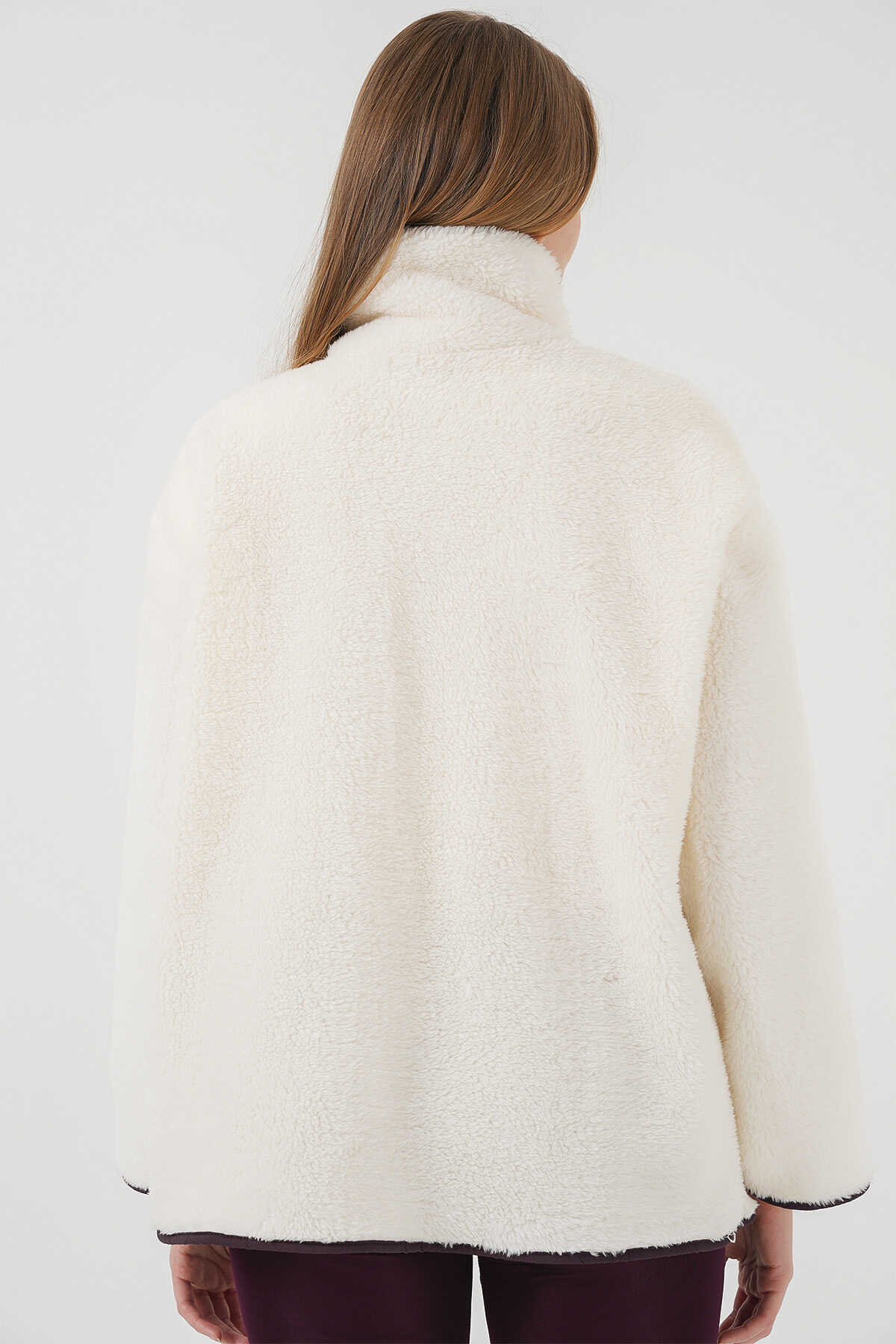 55446 Fermuarlı Oversize Peluş Ceket Mont - Mor - 7