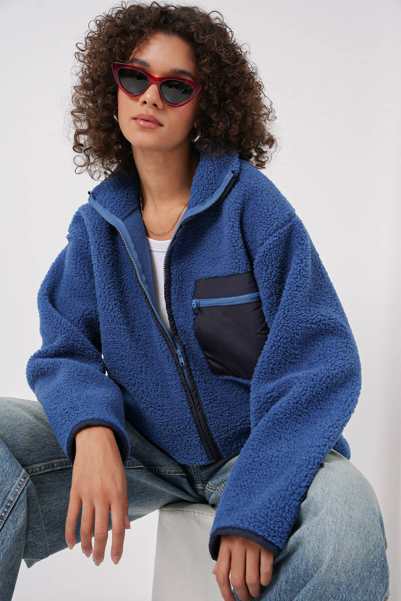 55446 Fermuarlı Oversize Peluş Ceket - Saks - BİGDART