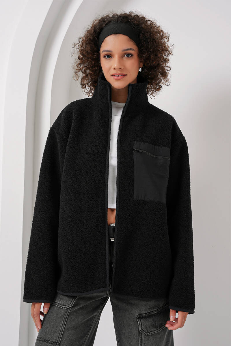 55446 Fermuarlı Oversize Peluş Ceket - Siyah - BİGDART