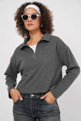 55449 Fermuarlı Yaka Örme Sweatshirt - Antrasit - BİGDART