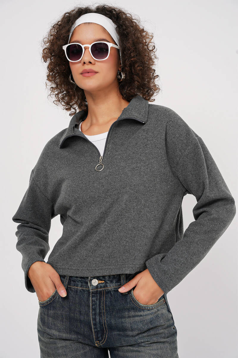 55449 Fermuarlı Yaka Örme Sweatshirt - Antrasit - BİGDART