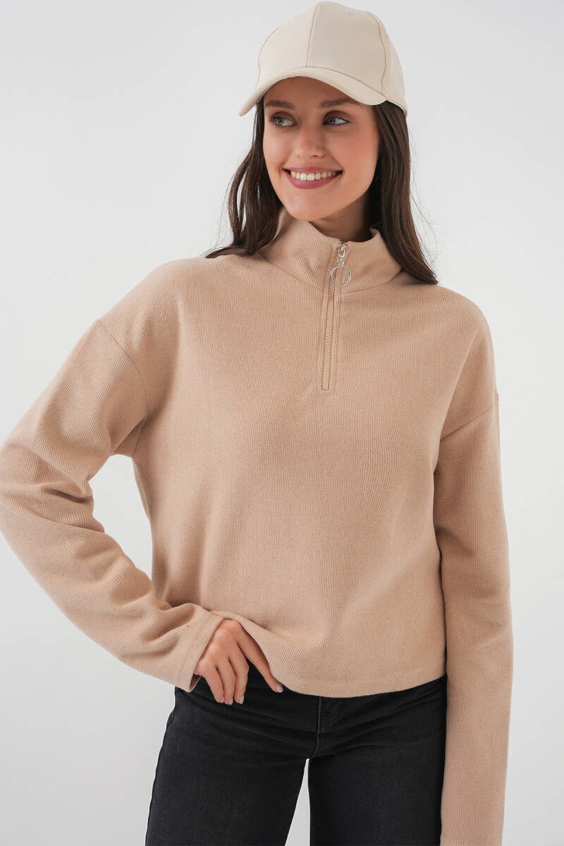 55449 Fermuarlı Yaka Örme Sweatshirt - Camel - BİGDART