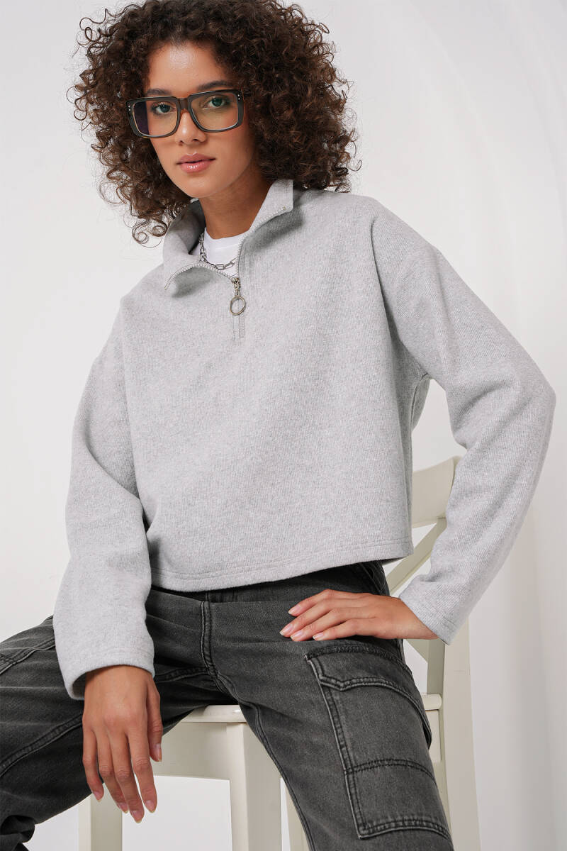 55449 Fermuarlı Yaka Örme Sweatshirt - Gri - BİGDART