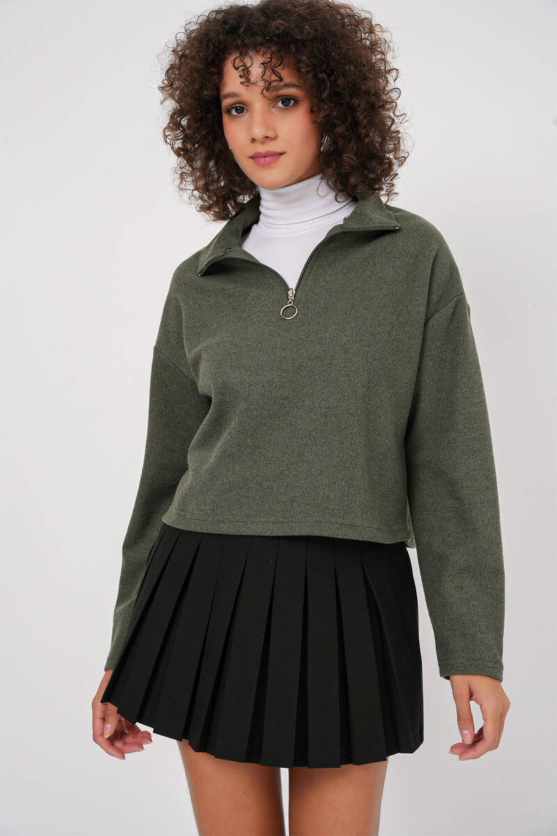 55449 Fermuarlı Yaka Örme Sweatshirt - Haki - BİGDART