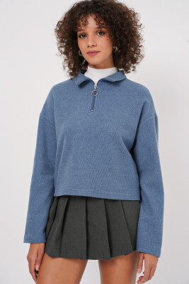 55449 Fermuarlı Yaka Örme Sweatshirt - İndigo - BİGDART