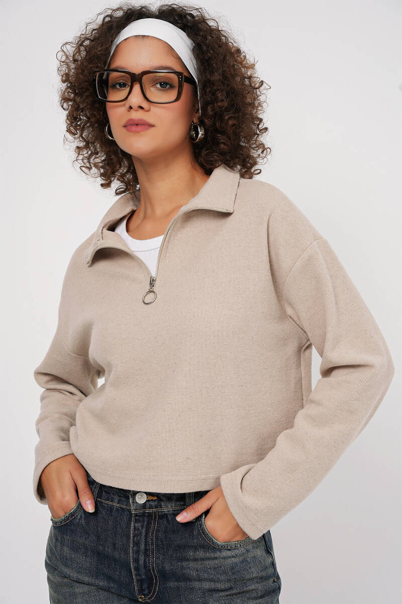 55449 Fermuarlı Yaka Örme Sweatshirt - Krem - BİGDART