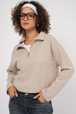 55449 Fermuarlı Yaka Örme Sweatshirt - Krem - BİGDART