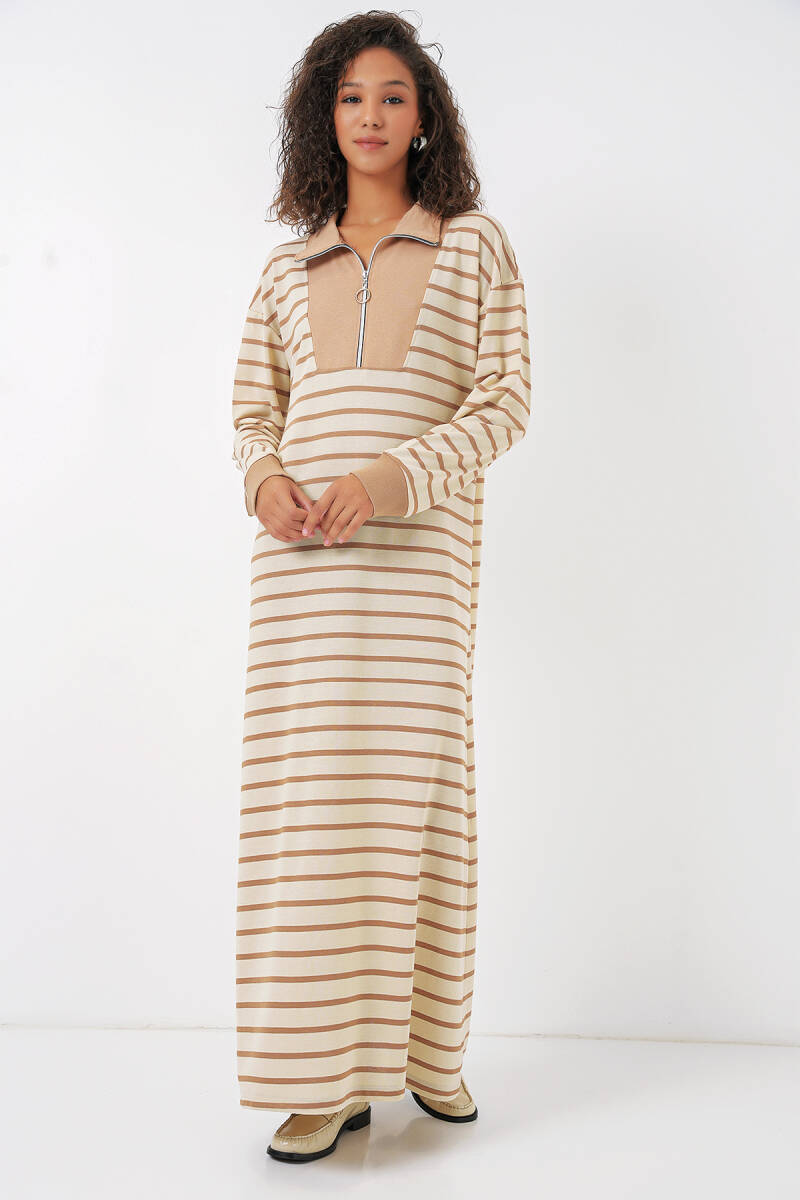 55453 Kadın Fermuar Detaylı Çizgili Uzun Elbise - Bej - BİGDART