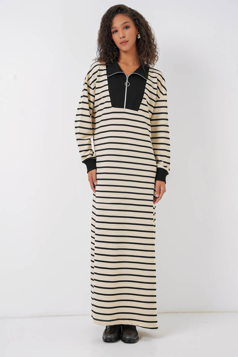 55453 Kadın Fermuar Detaylı Çizgili Uzun Elbise - Siyah - BİGDART