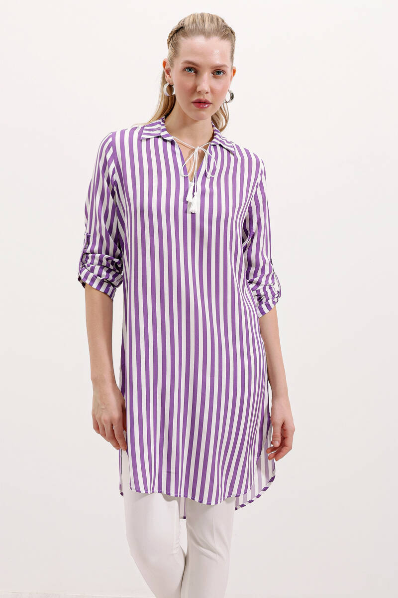 5613 Yaka Bağcıklı Çizgili Tunik - Lila - BİGDART